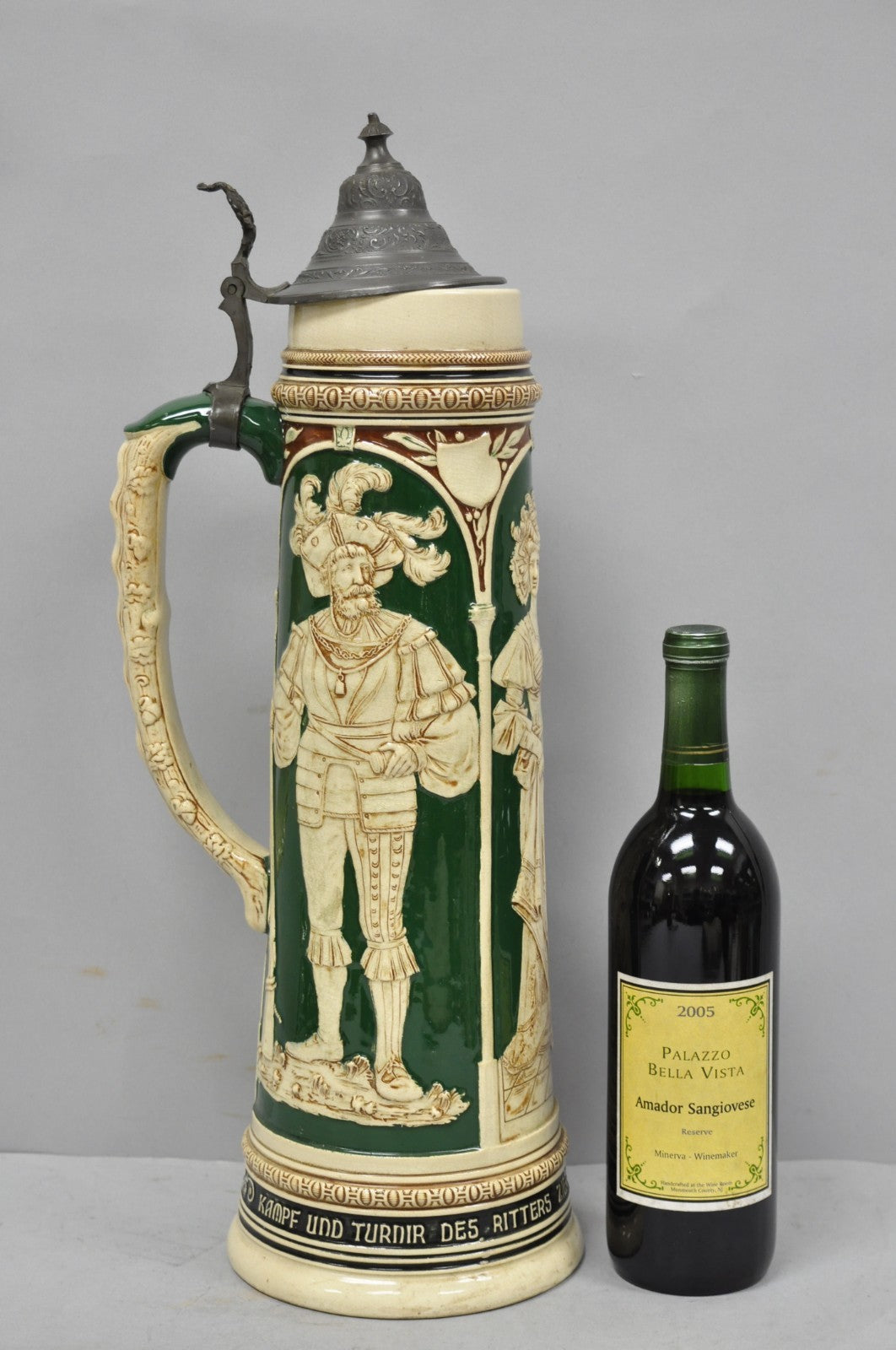 Antique German XL 20" Tall Figural Green Stoneware Beer Stein Tankard Mug w/ Lid
