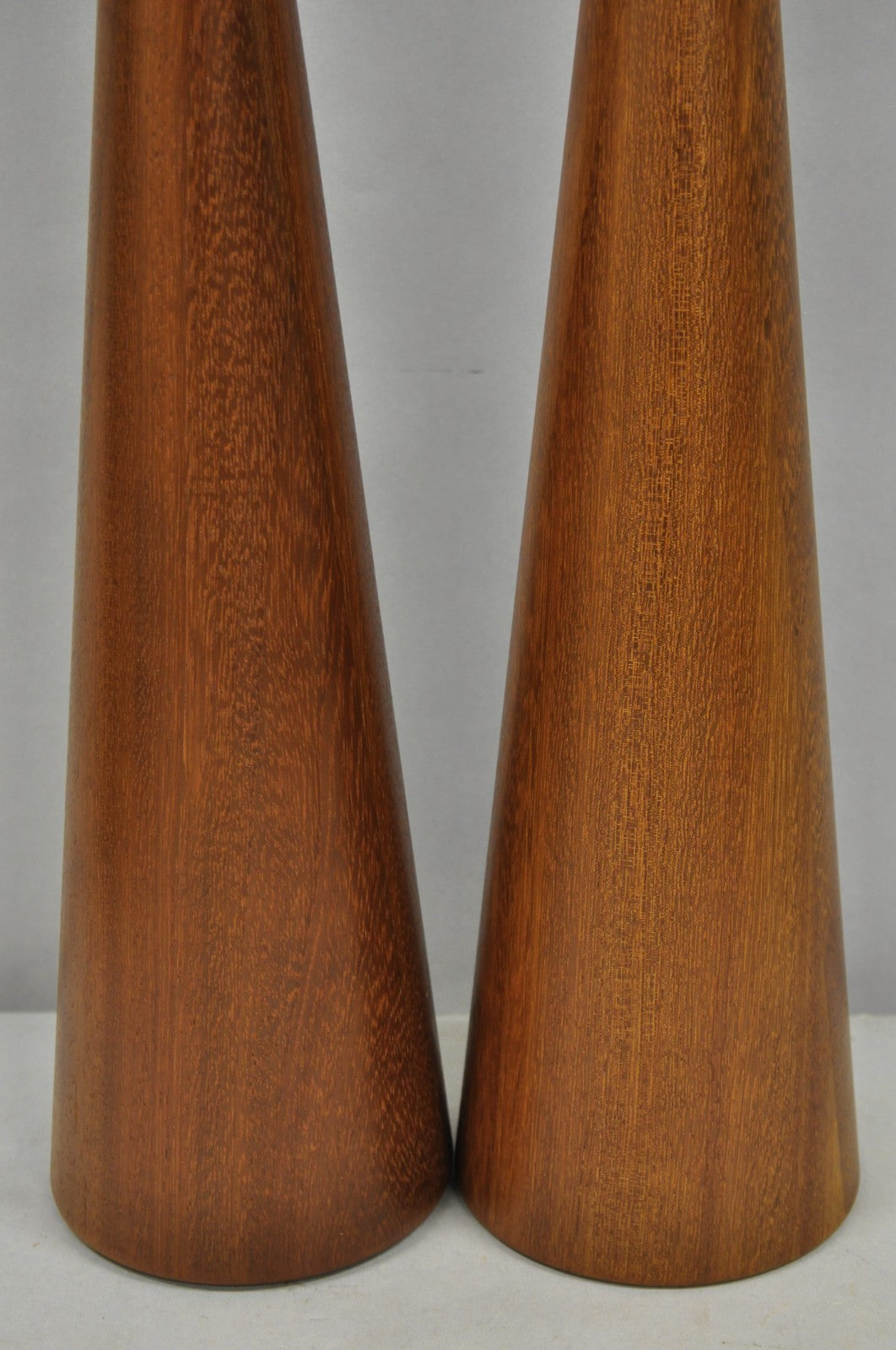 Vintage Mid Century Modern Staved Teak Wood Cone Shaped Table Lamps - a Pair