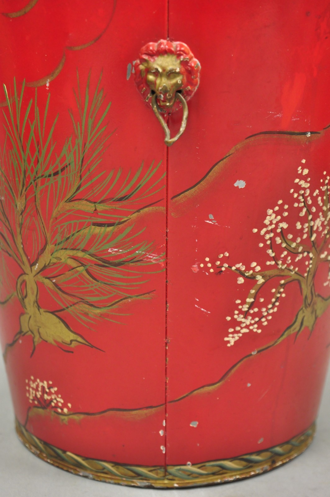 Italian Chinoiserie Hand Painted Oriental Red Tole Metal Wastebasket Trashcan