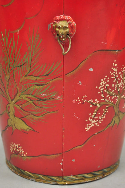 Italian Chinoiserie Hand Painted Oriental Red Tole Metal Wastebasket Trashcan