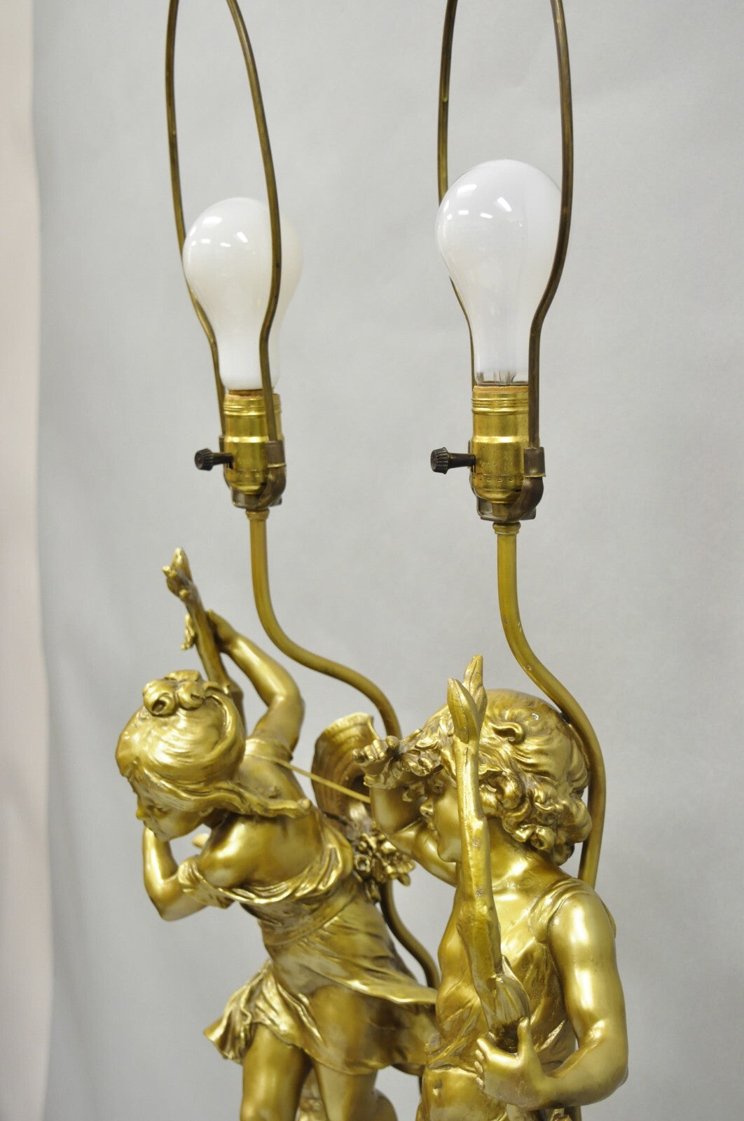 Antique L&F Moreau French Renaissance Gold Paint Metal Figural Table Lamps Pair