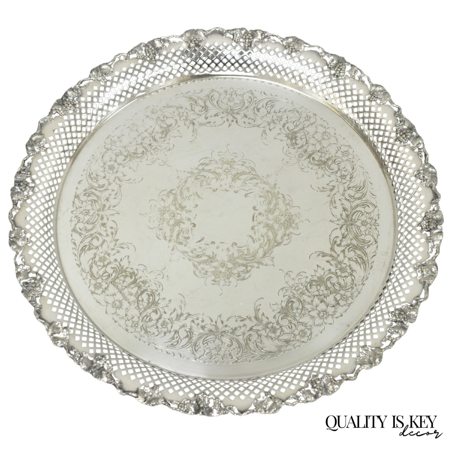 Vintage EG Webster & Son Silver Plated Grapevine Round Bar Serving Platter Tray