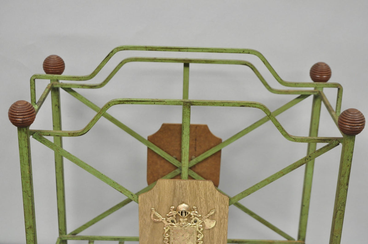 Vintage Italian Neoclassical Green Wrought Iron Book Magazine Rack w/ Shield