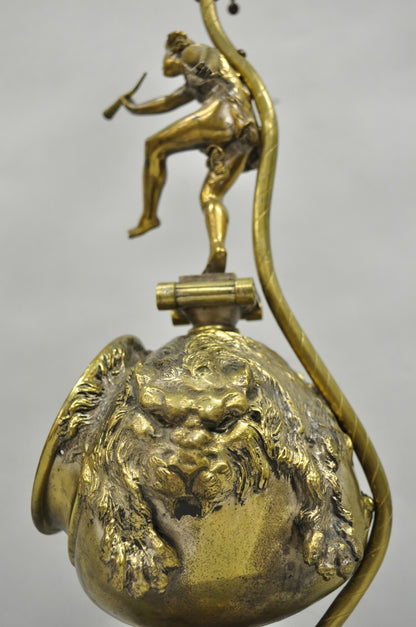 Antique French Renaissance Bronze Figural Game Hunting Lion Desk Table Lamp