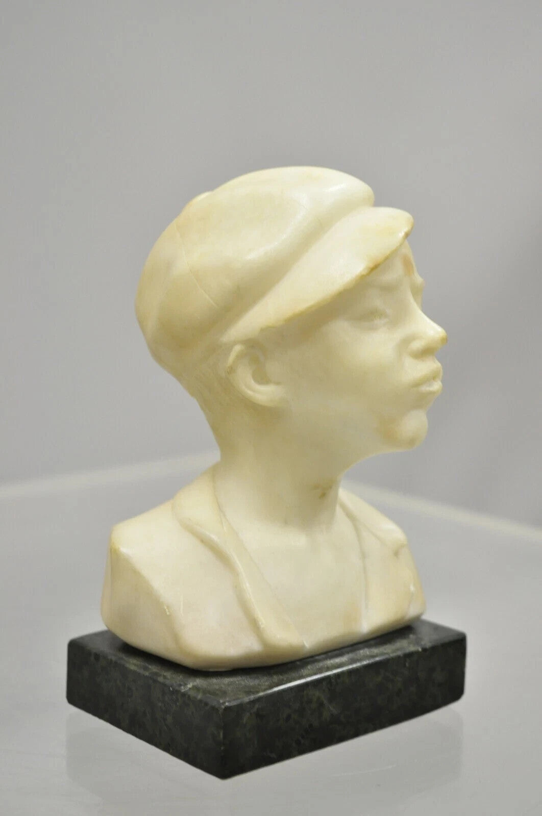 Antique 6" Carved Alabaster Marble Boy Bust Smoking Cigarette Signed "Martin"