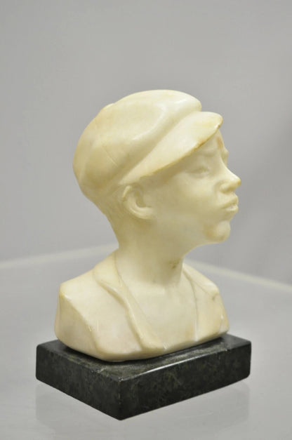 Antique 6" Carved Alabaster Marble Boy Bust Smoking Cigarette Signed "Martin"