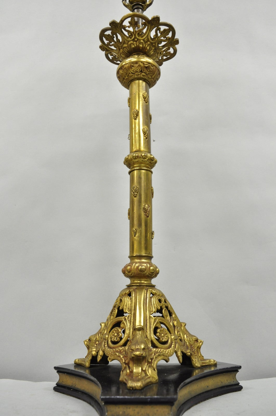 Antique French Renaissance Gothic Figural Brass Candlestick Column Table Lamp