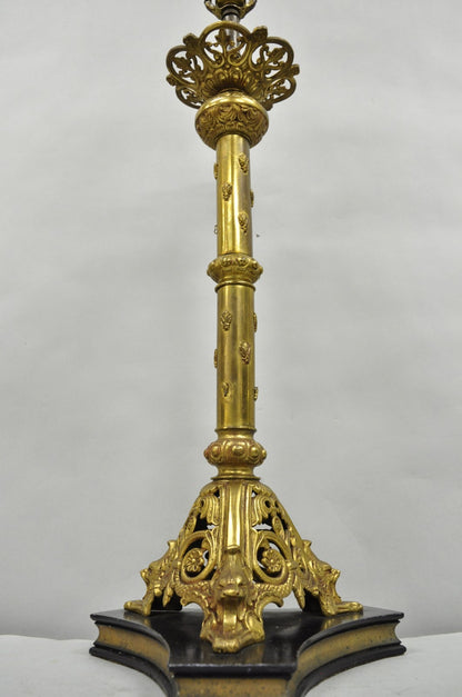 Antique French Renaissance Gothic Figural Brass Candlestick Column Table Lamp