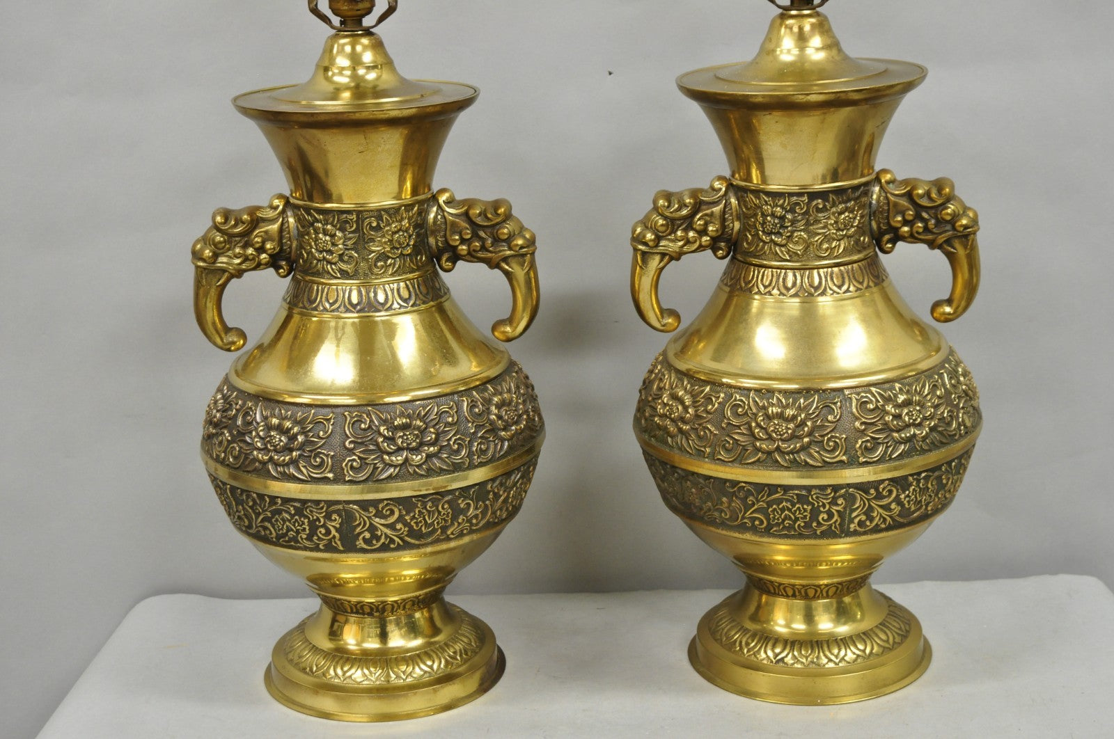 Vintage Brass Chinese Jardinière Elephant Handle Oriental Table Lamps - a Pair