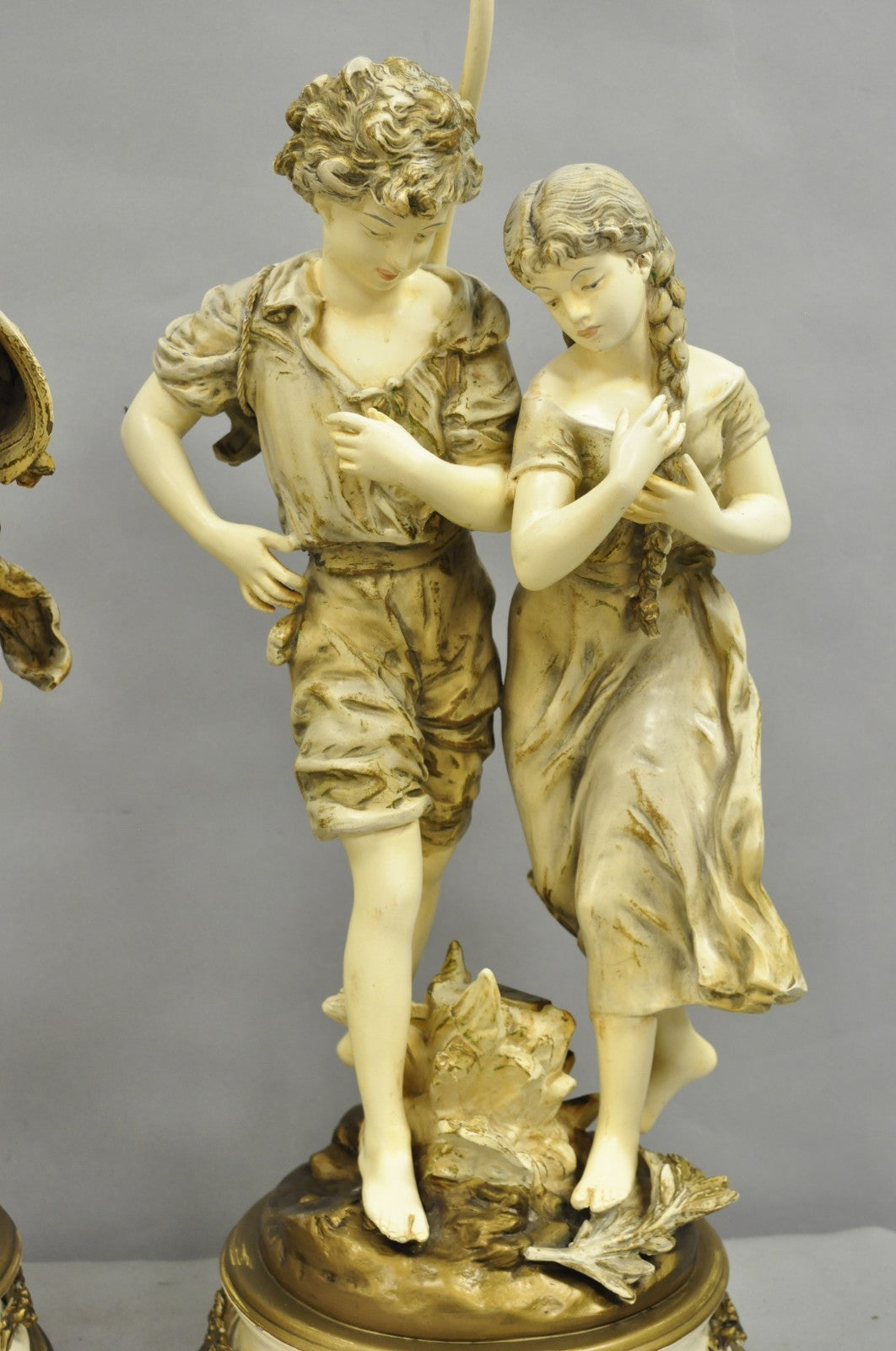 Antique L&F Moreau French Renaissance Large Figural Boy and Girl Table Lamp Pair