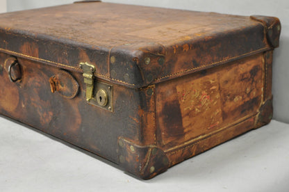 Antique Distressed Brown Leather English Art Deco 24" Suitcase Bag