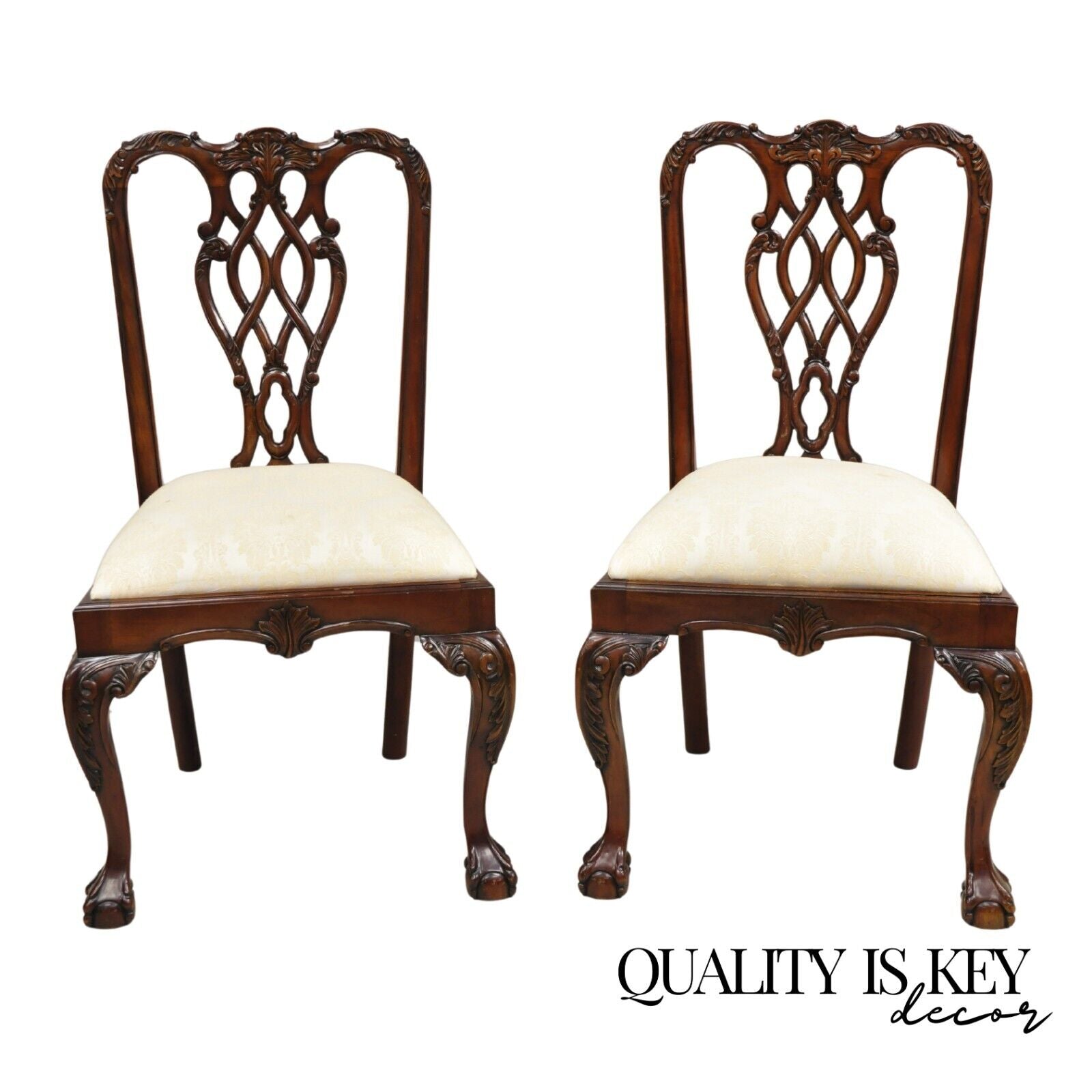 English Chippendale Style Carved Mahogany Ball & Claw Dining Side Chairs - Pair