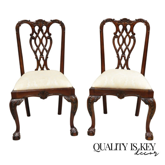 English Chippendale Style Carved Mahogany Ball & Claw Dining Side Chairs - Pair