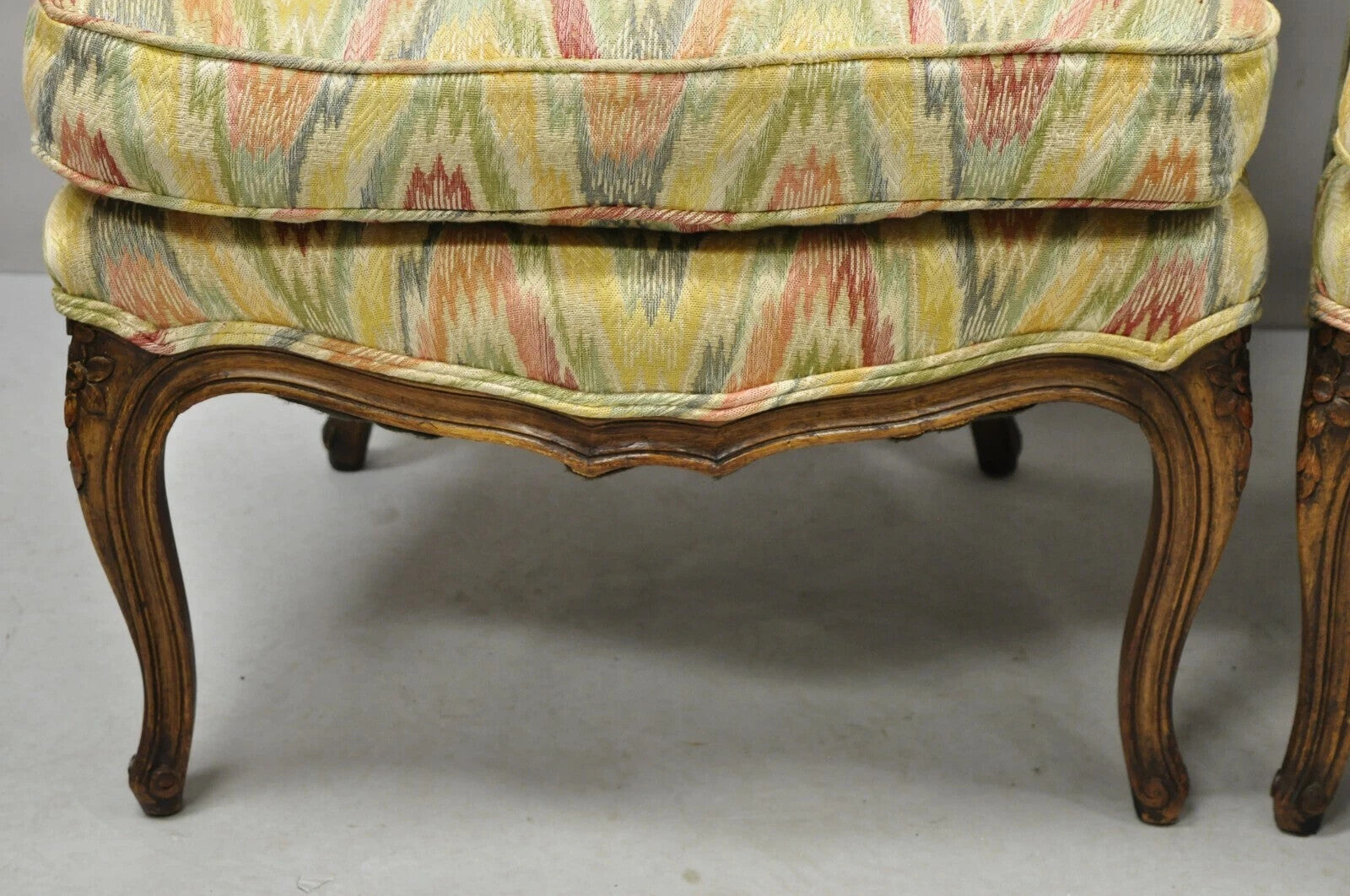 Vintage French Country Provincial High Back Walnut Arm Chairs (A) - a Pair