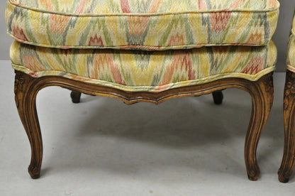 Vintage French Country Provincial High Back Walnut Arm Chairs (A) - a Pair