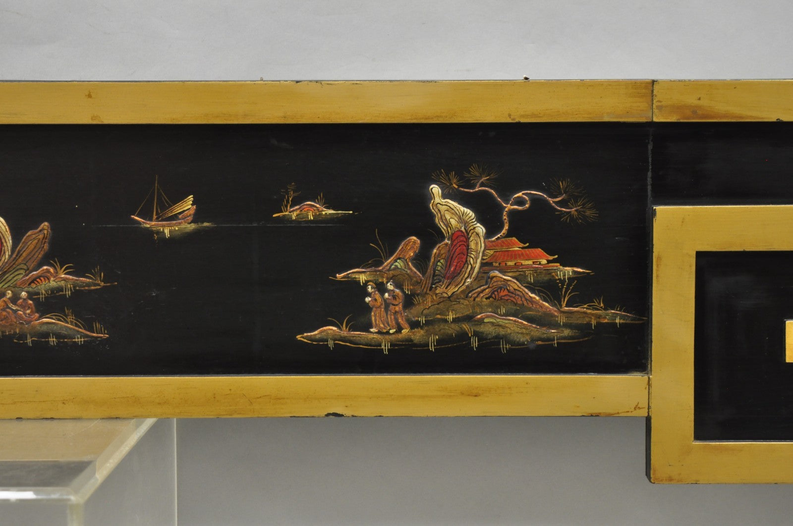 Vintage Chinoiserie Oriental Black Lacquer & Gold Greek Key 77" Window Valance