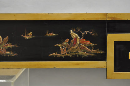 Vintage Chinoiserie Oriental Black Lacquer & Gold Greek Key 77" Window Valance