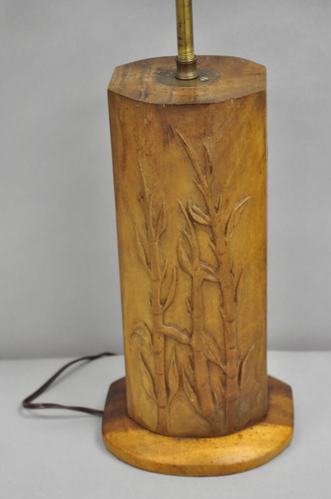 Antique Chinese Carved Solid Teak Wood Block Bamboo Chute Table Lamp