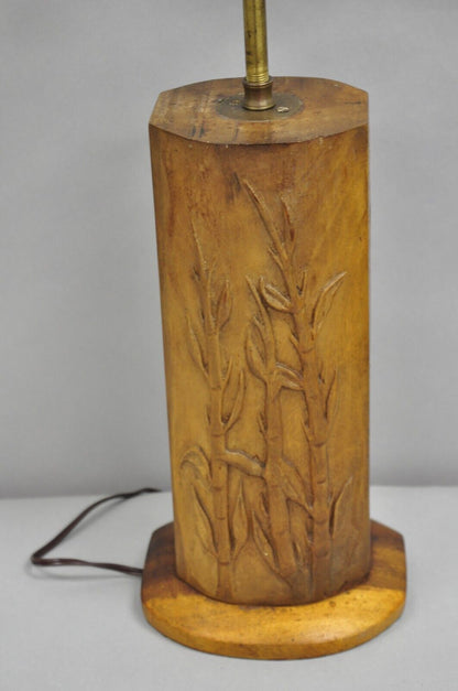 Antique Chinese Carved Solid Teak Wood Block Bamboo Chute Table Lamp