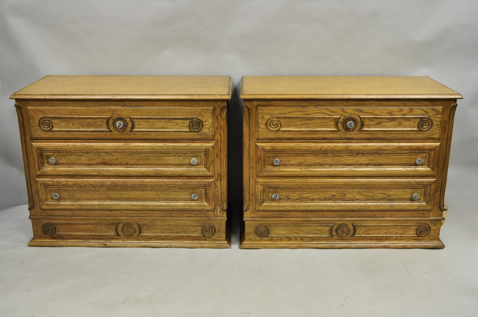 Vintage French Country Provincial Oak Wood 3 Drawer Bachelor Chest Commode Pair