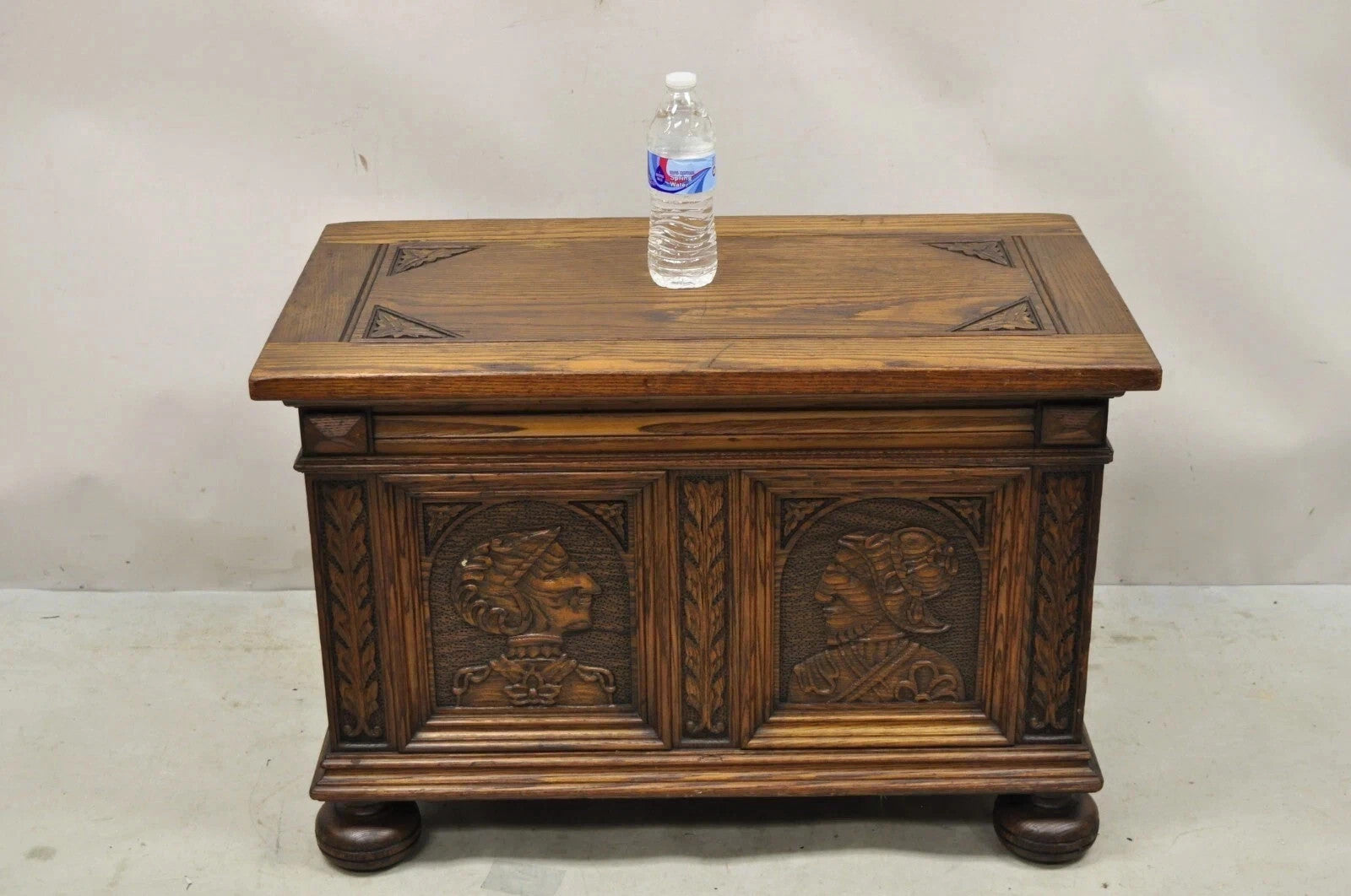 Antique Jacobean Oak Wood Figural Bust Carved Blanket Chest Trunk on Bun Feet