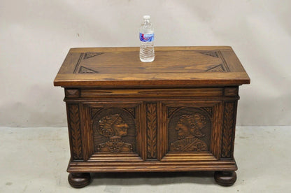 Antique Jacobean Oak Wood Figural Bust Carved Blanket Chest Trunk on Bun Feet