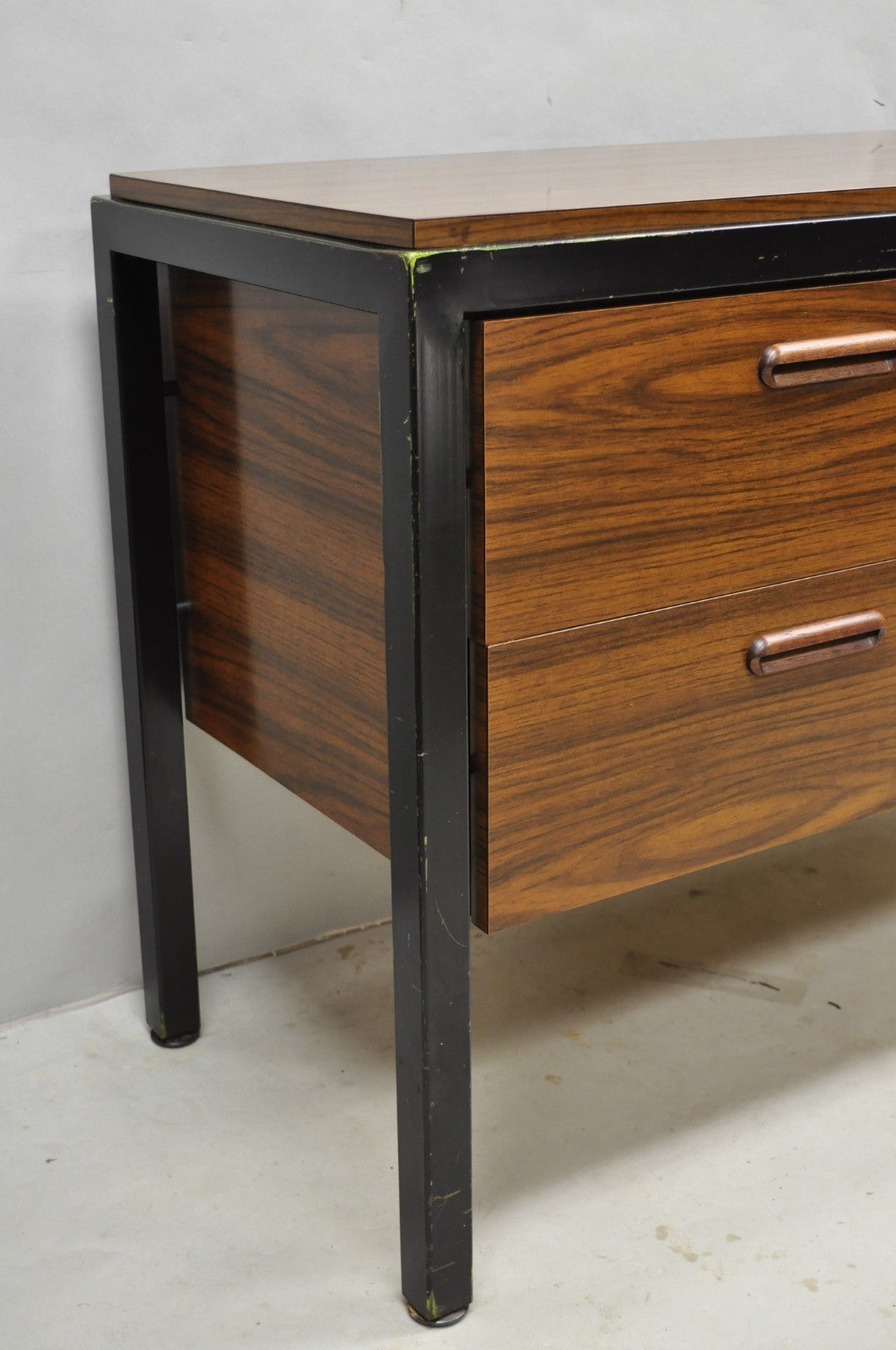 Vintage Mid Century Modern Faux Rosewood Laminate Steel Metal Credenza Cabinet