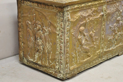 Antique English Victorian Brass Figural Repousse Coal Bin Storage Blanket Chest