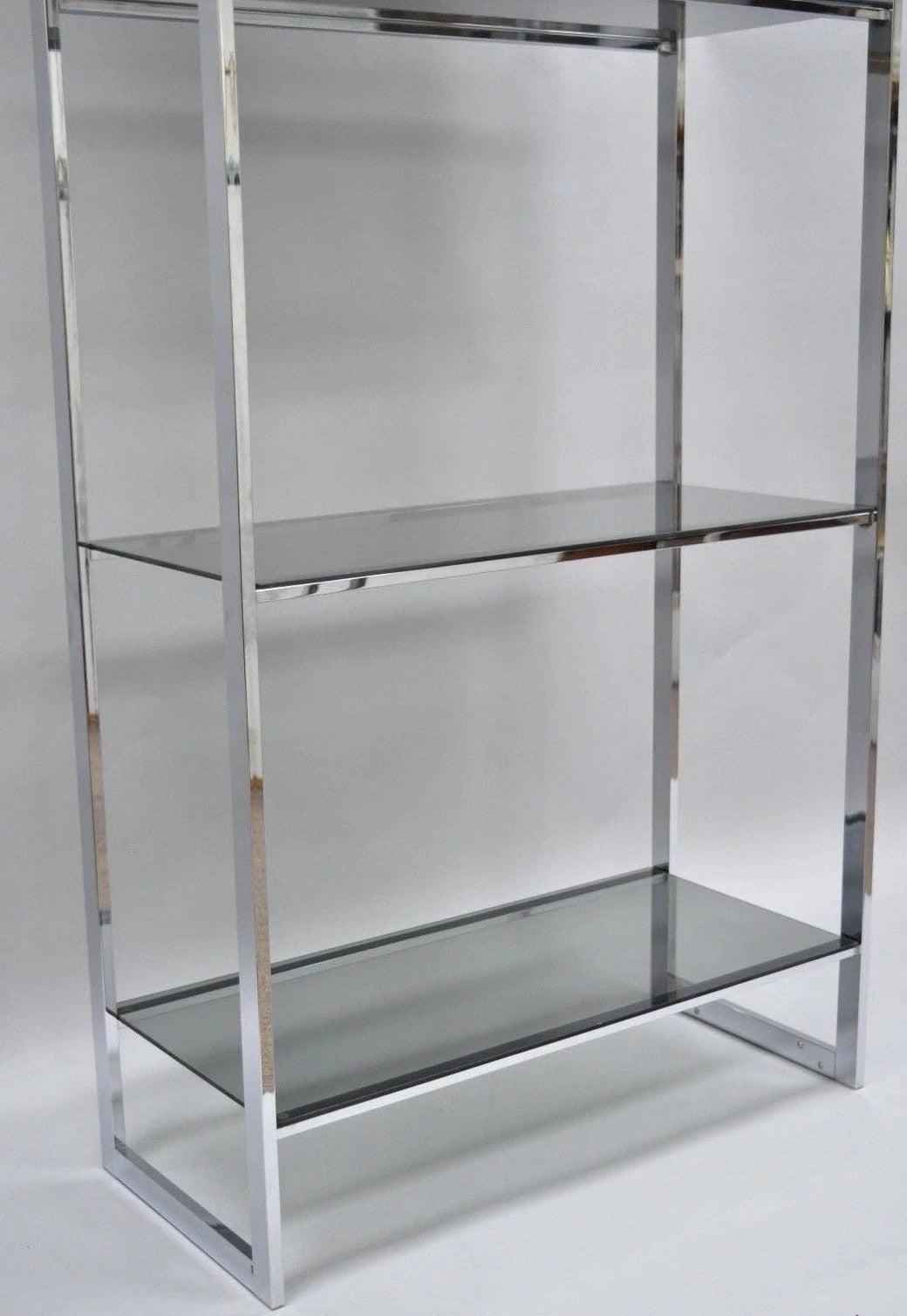 Mid Century Modern Baughman Style Chrome Smoked Glass Etagere Bookcase Shelf