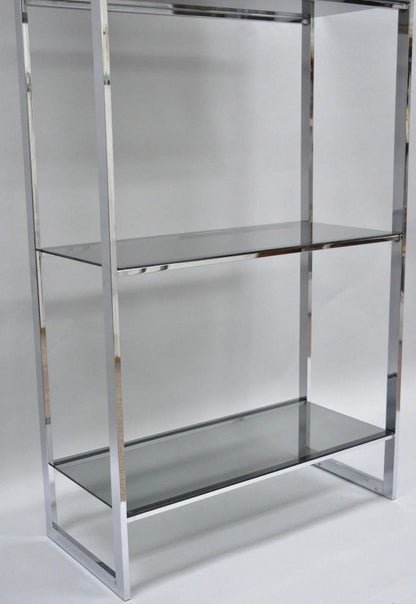 Mid Century Modern Baughman Style Chrome Smoked Glass Etagere Bookcase Shelf