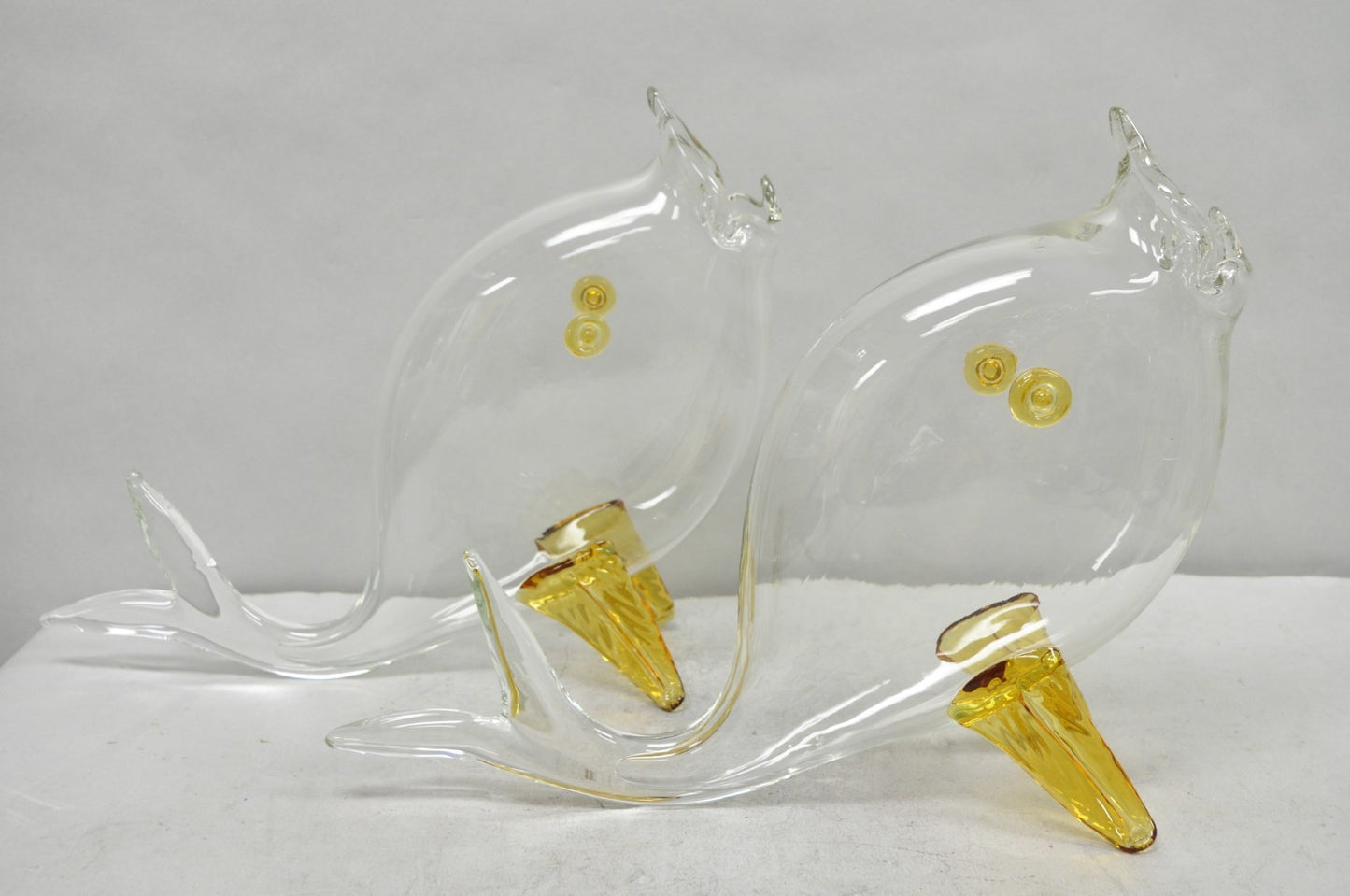 Vintage Mid Century Modern Blenko Style Amber Fin Blown Glass Fish Vase Bowl