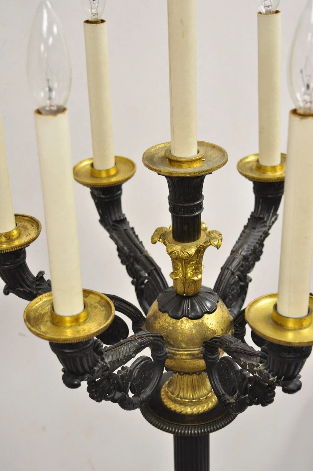 French Empire 68" Tall Bronze & Marble Lighted Candelabra Torchiere Floor Lamps