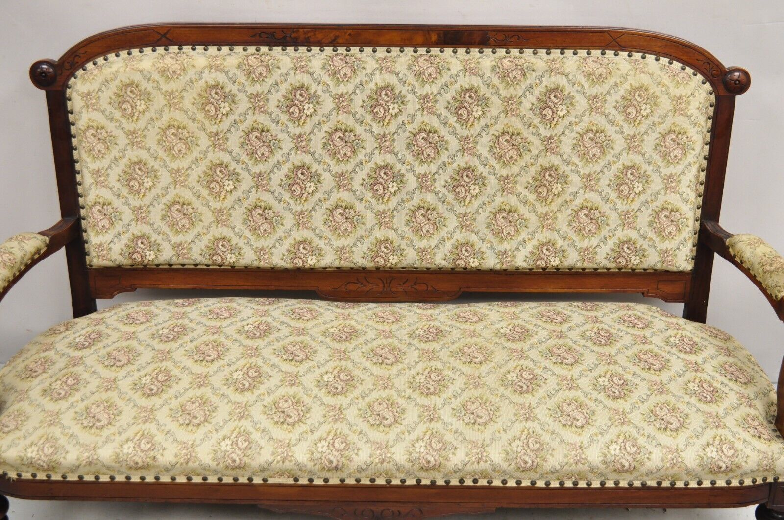Antique Eastlake Victorian Carved Walnut Floral Upholstered Parlor Sofa Loveseat