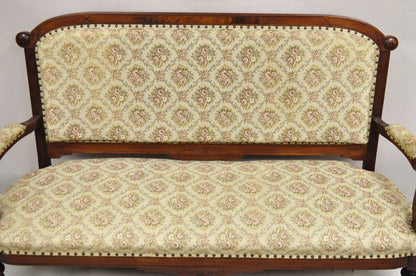 Antique Eastlake Victorian Carved Walnut Floral Upholstered Parlor Sofa Loveseat