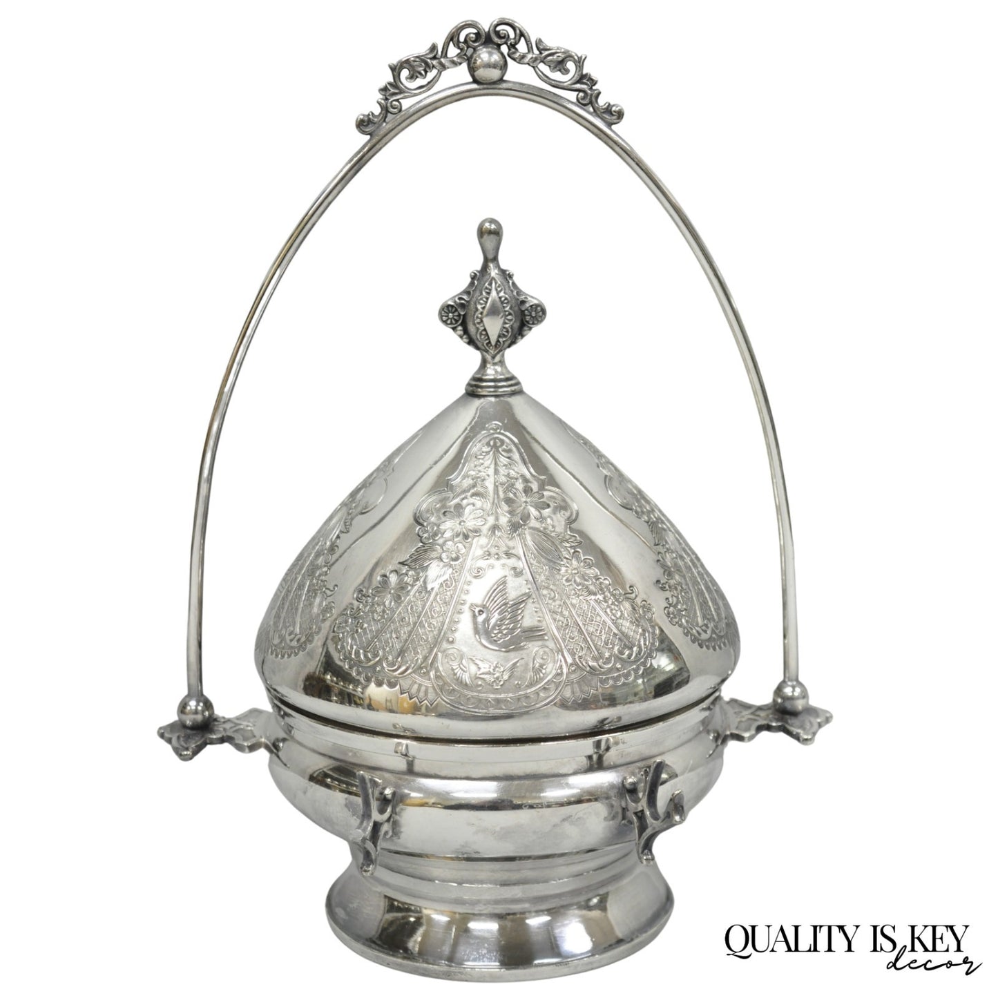 Antique English Art Nouveau Silver Plated Covered Butter Serving Dish w / Birds