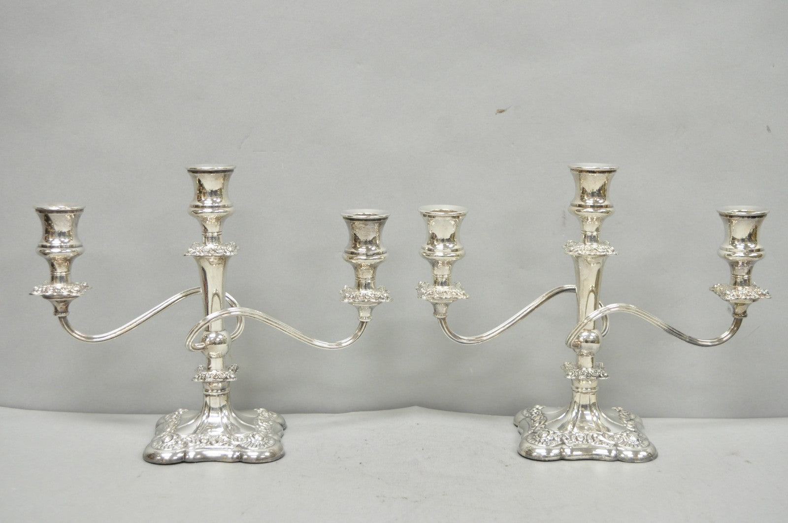 Antique E.G. Webster Victorian Silver Plated Scrolling 3 Arm Candelabra - a Pair