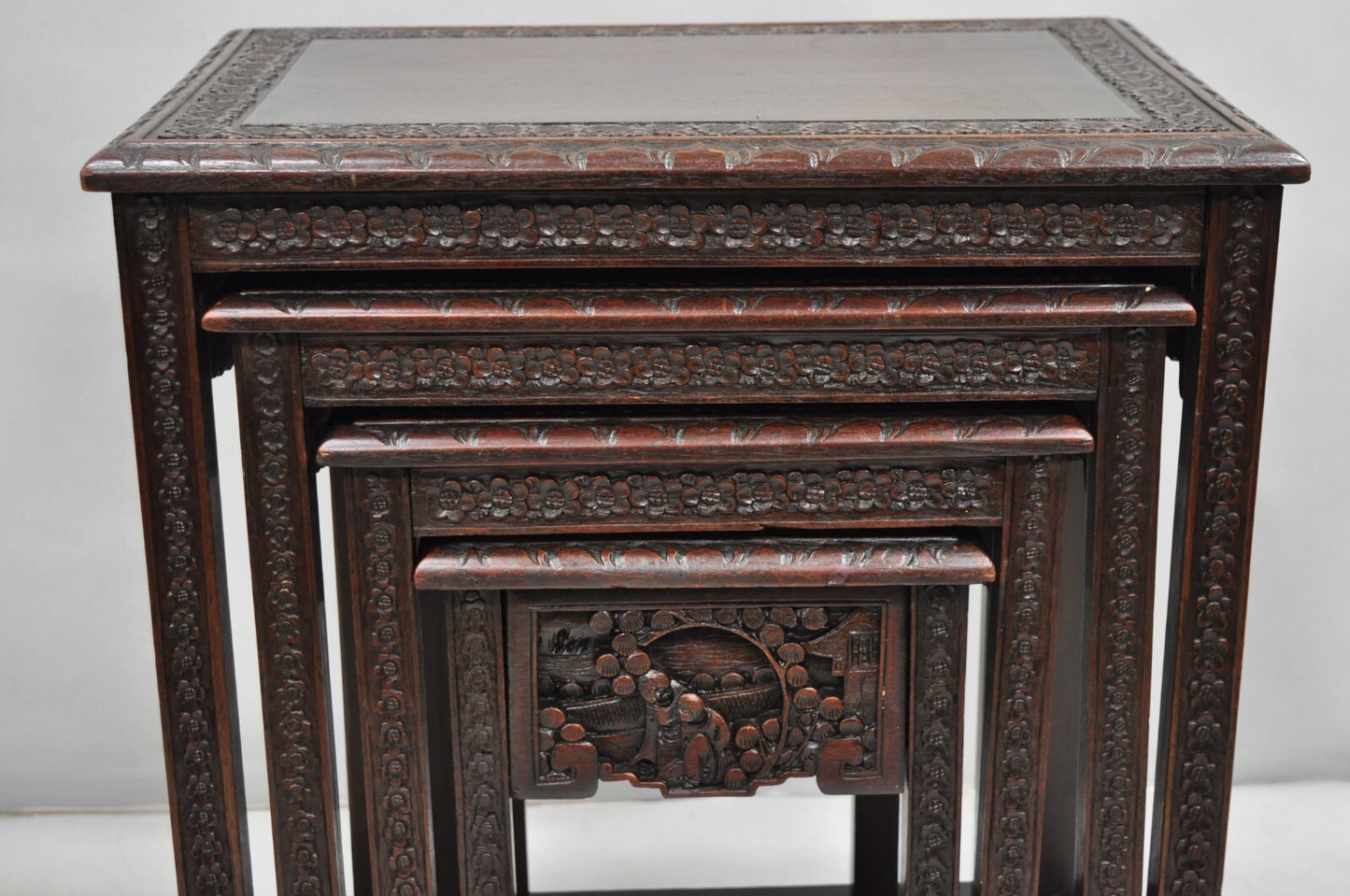 Antique Chinese Carved Rosewood Figural Nesting Side Tables w/ Drawer - 4 Pcs