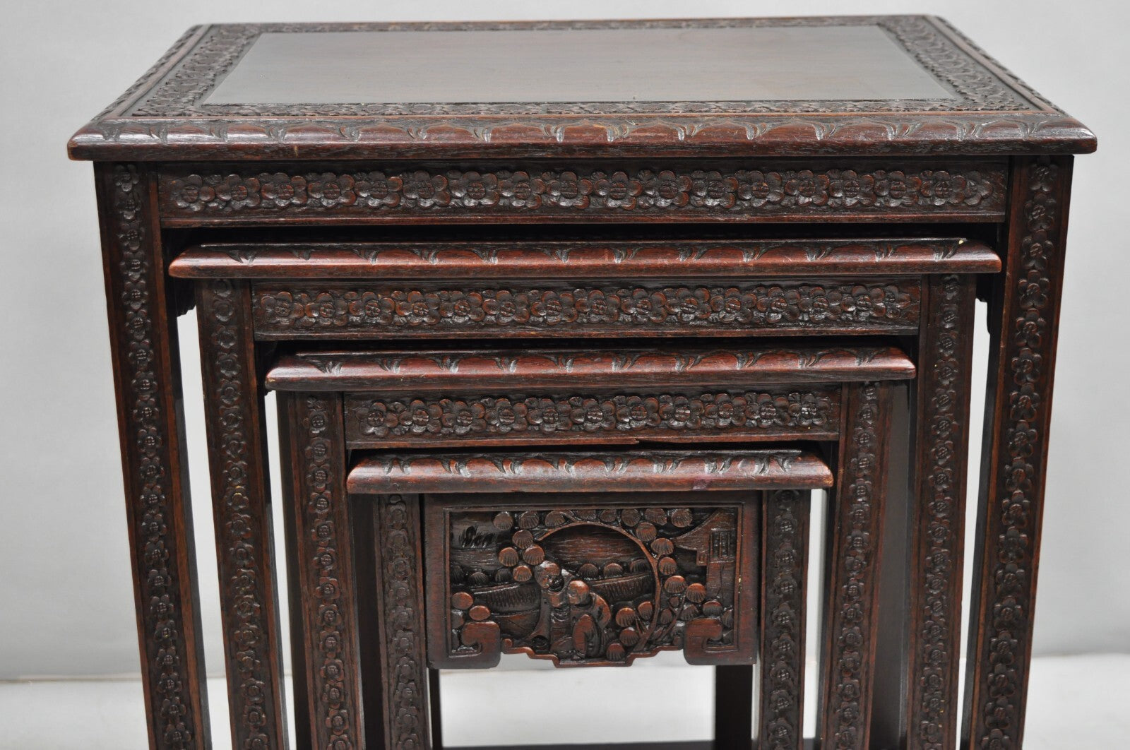 Antique Chinese Carved Rosewood Figural Nesting Side Tables w/ Drawer - 4 Pcs