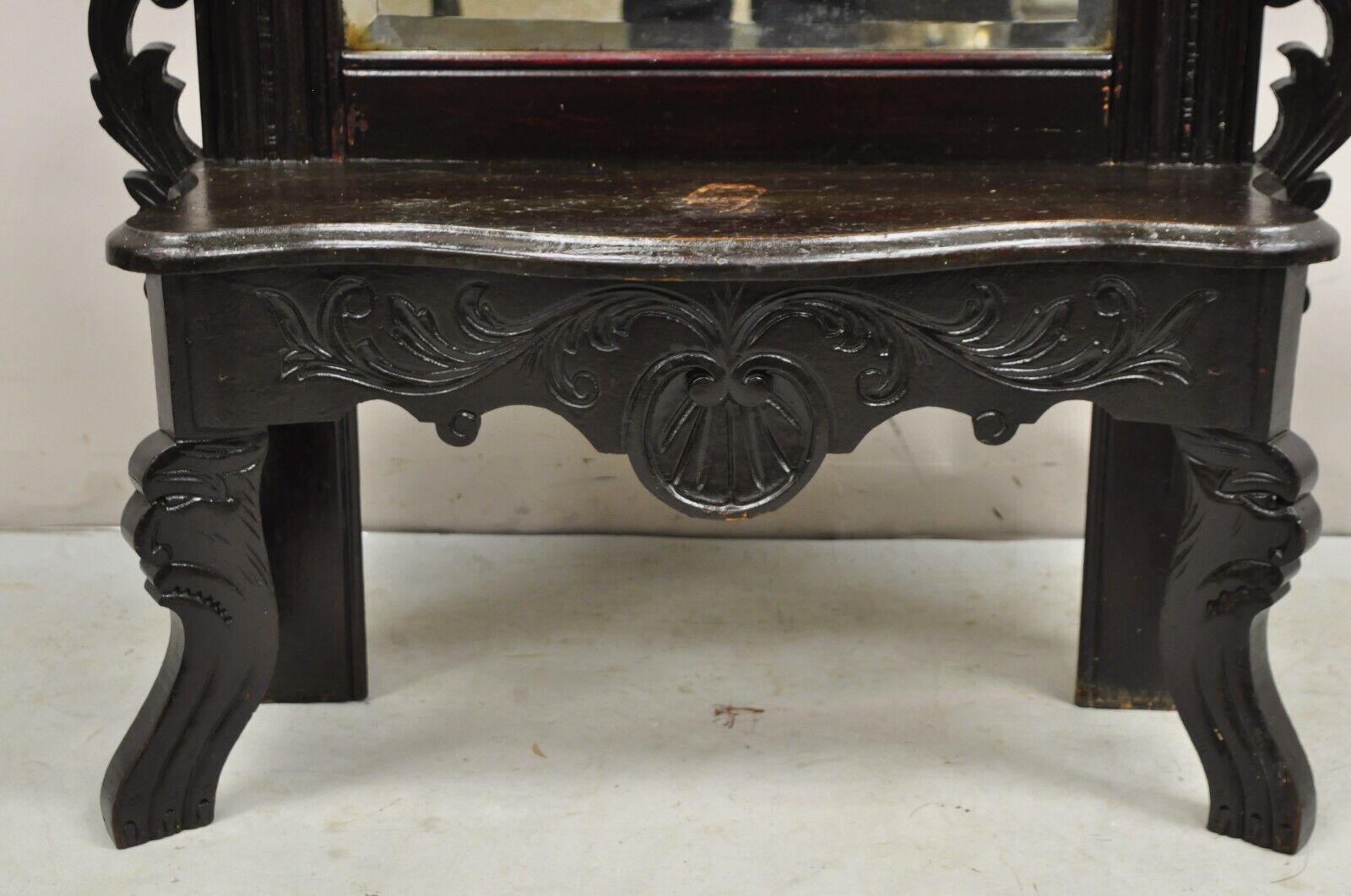 Antique Victorian Carved Walnut Tall Hall Entryway Pier Mirror with Figures