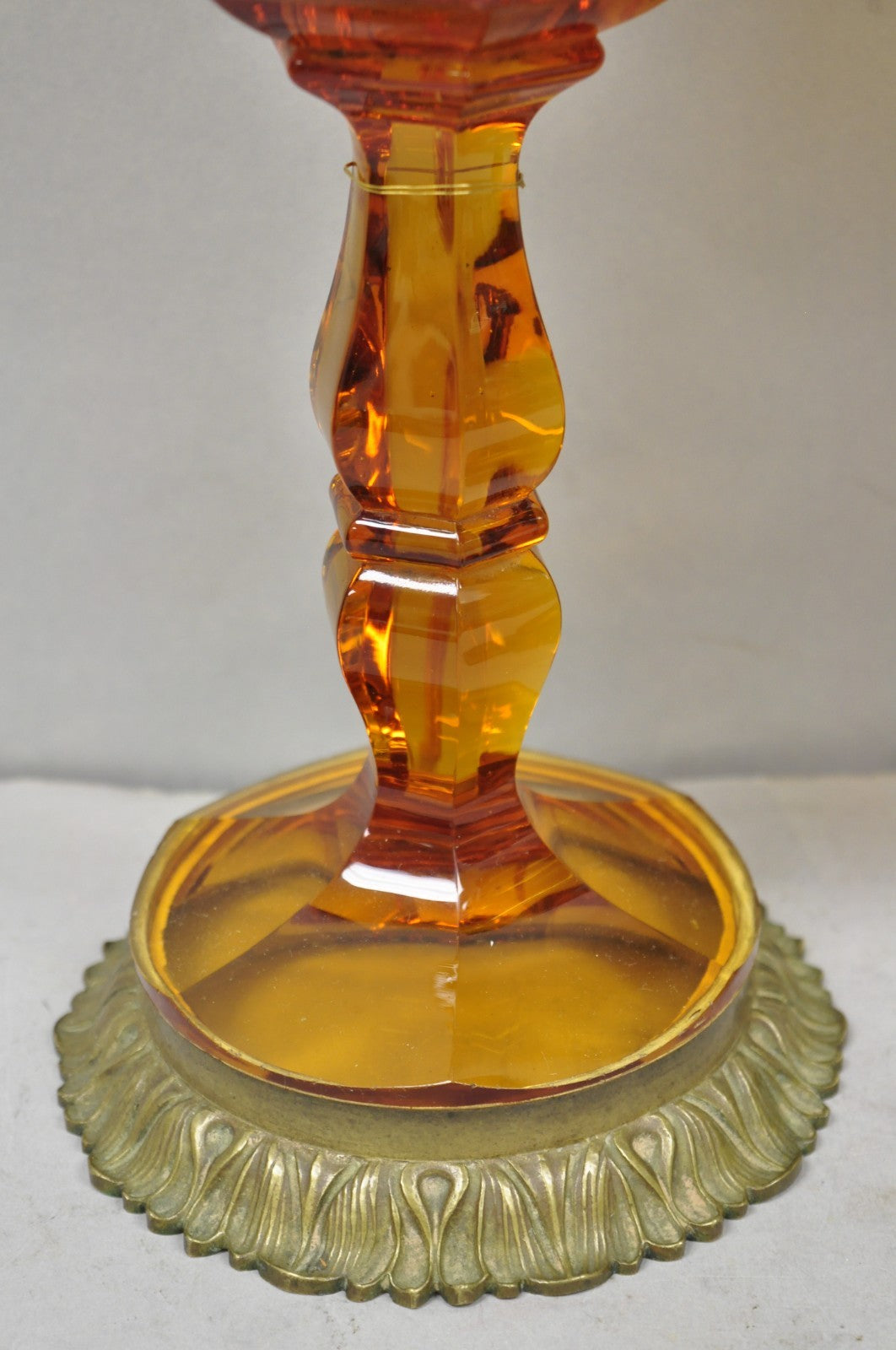 Antique French Victorian Amber Glass & Bronze Converted Oil Lamp Table Lamp Pair