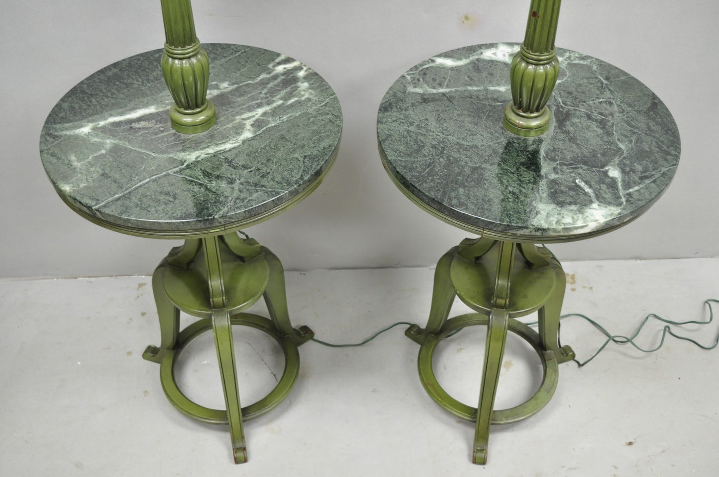 Hollywood Regency Tommi Parzinger Style Green Marble End Table Floor Lamp - Pair