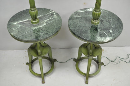 Hollywood Regency Tommi Parzinger Style Green Marble End Table Floor Lamp - Pair