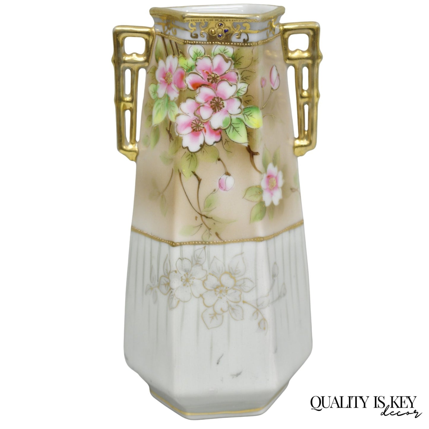 Antique Nippon Twin Handled Pink Hand Painted Porcelain Hexagon Gold Rimmed Vase