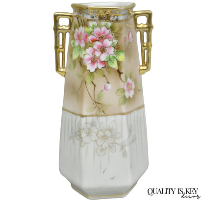 Antique Nippon Twin Handled Pink Hand Painted Porcelain Hexagon Gold Rimmed Vase
