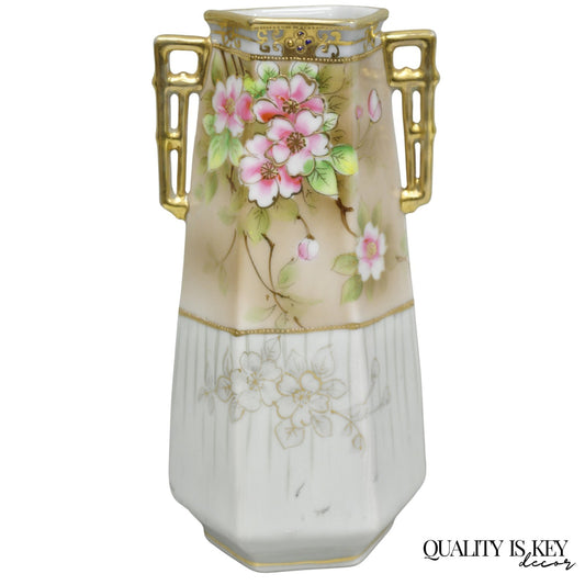 Antique Nippon Twin Handled Pink Hand Painted Porcelain Hexagon Gold Rimmed Vase