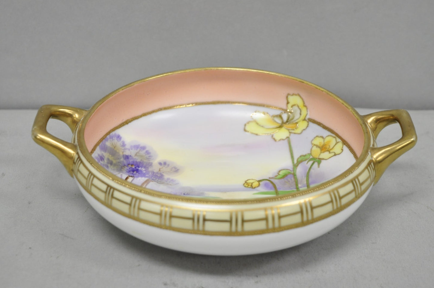 Antique Nippon Morimora Hand Painted Flowers & Ducks Coral Porcelain Bowl (B)