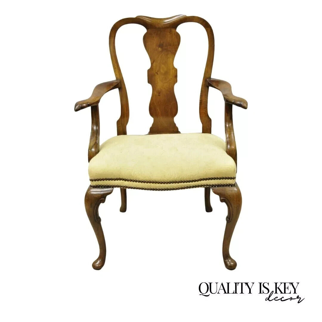 Antique 19th C English Queen Anne Carved Burr Walnut Splat Back Dining Arm Chair