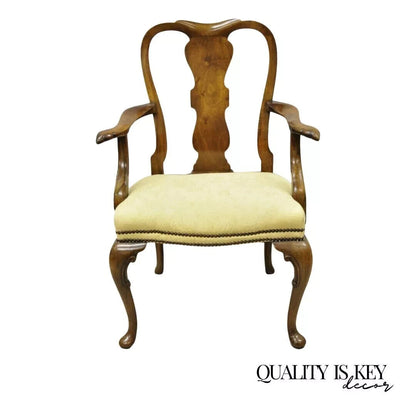 Antique 19th C English Queen Anne Carved Burr Walnut Splat Back Dining Arm Chair