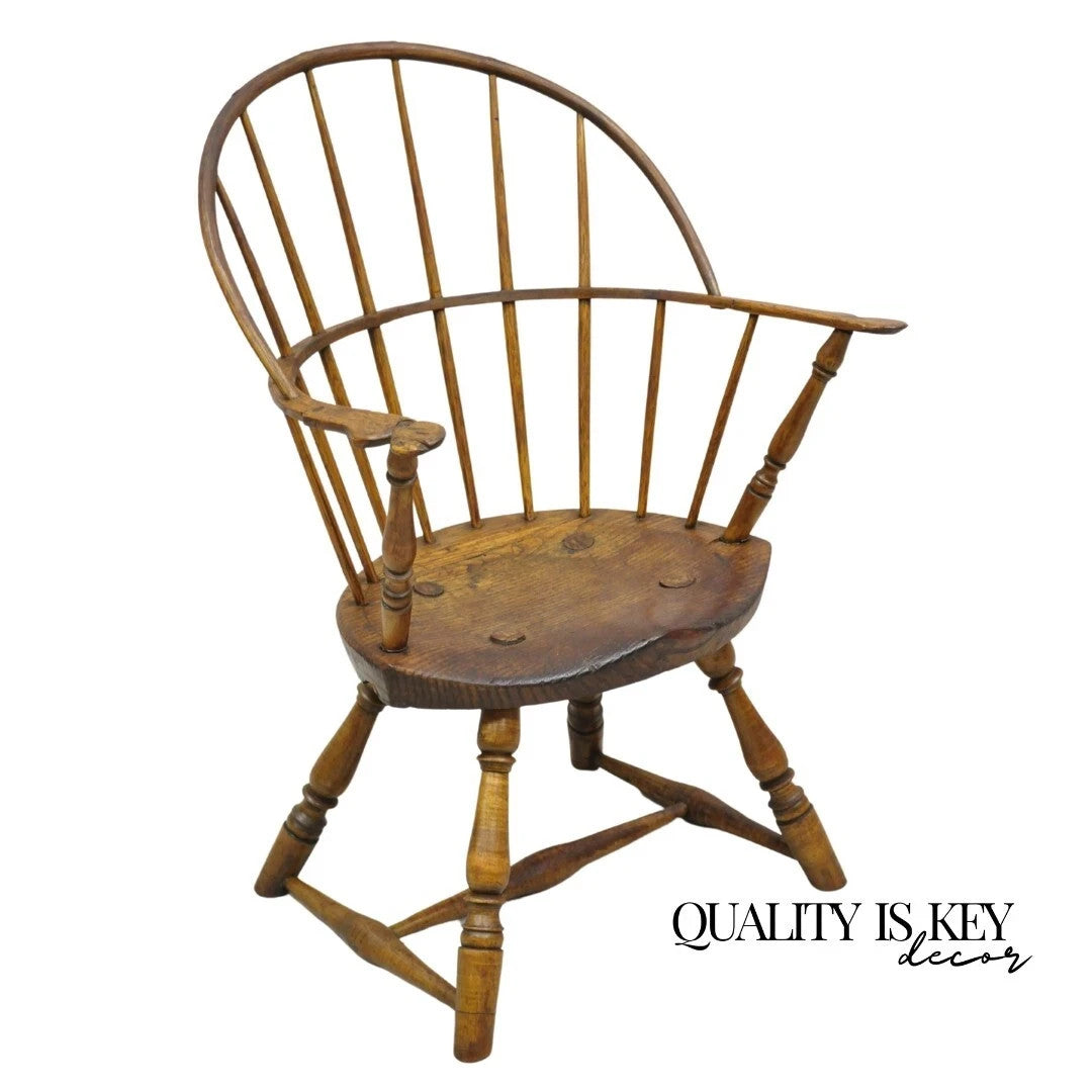 Antique French Country Colonial Chestnut Oak Wood Small Bowed Windsor Arm Chair