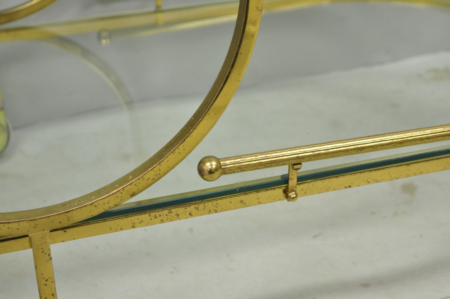 Vintage Mid Century Modern Brass 3 Tier Oval Frame Rolling Bar Cart Server Table